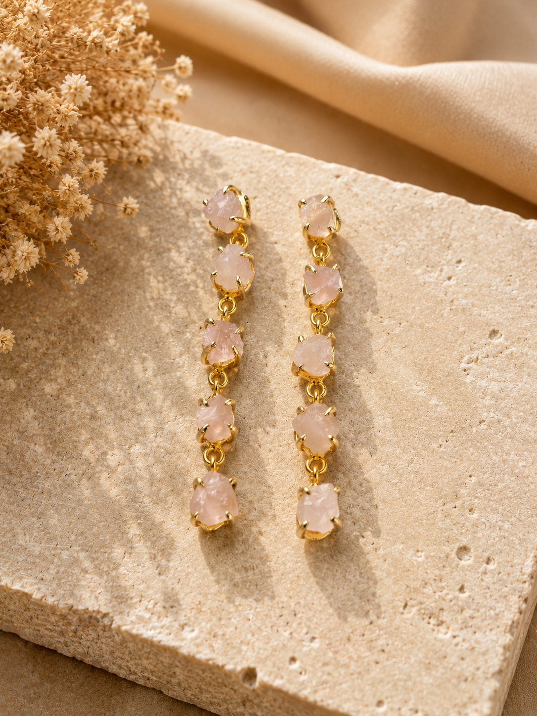 Blush Cascade Raw Rose Quartz Earrings | 18K Gold Plated Statement Earrings for Women
