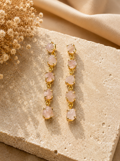 Blush Cascade Raw Rose Quartz Earrings | 18K Gold Plated Statement Earrings for Women - House of AAKAASHI