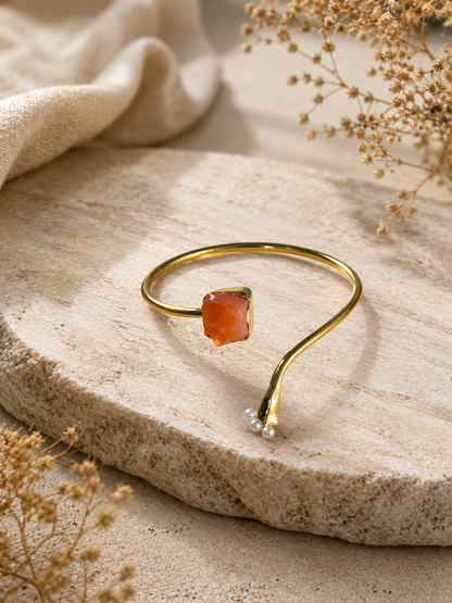 Solar Bloom Pearl & Carnelian Open Cuff Bracelet | 18K Gold Plated Adjustable Bracelet for Women - House of AAKAASHI