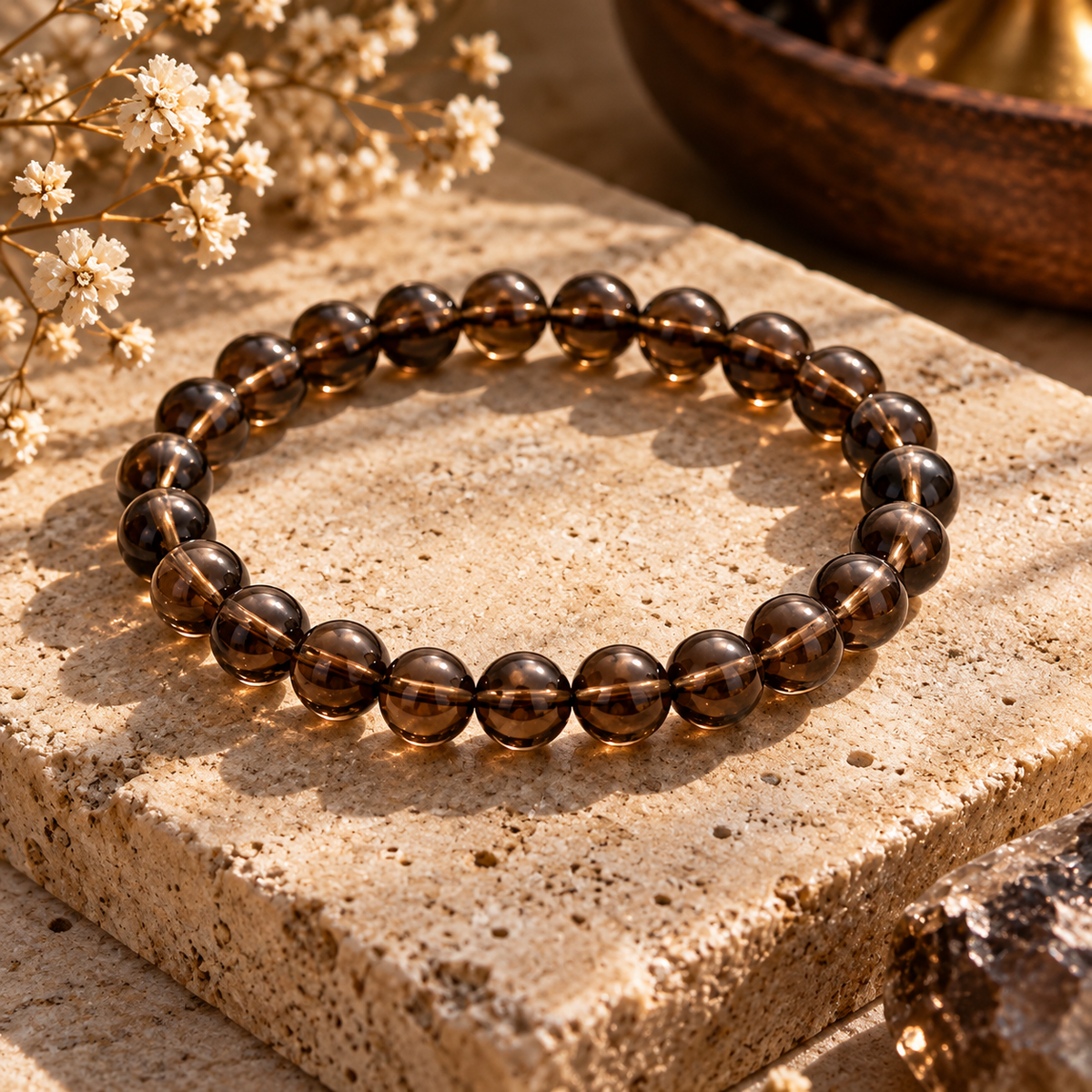 Dhara natural Smoky Quartz bead bracelet featuring smooth, round translucent brown gemstones in rich earthy tones by House of AAKAASHI.