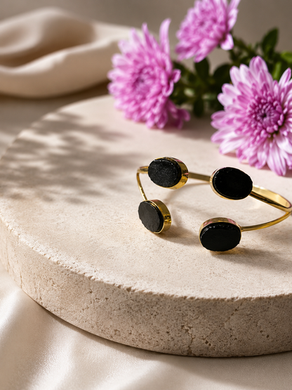 Kavach Black Tourmaline Four Stone Cuff Bracelet | 18K Gold Plated | House of AAKAASHI House of AAKAASHI