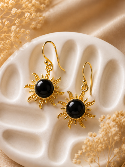 Solar Eclipse Black Tourmaline sunburst earrings featuring polished round Black Tourmaline gemstones in 18K gold plated brass by House of AAKAASHI