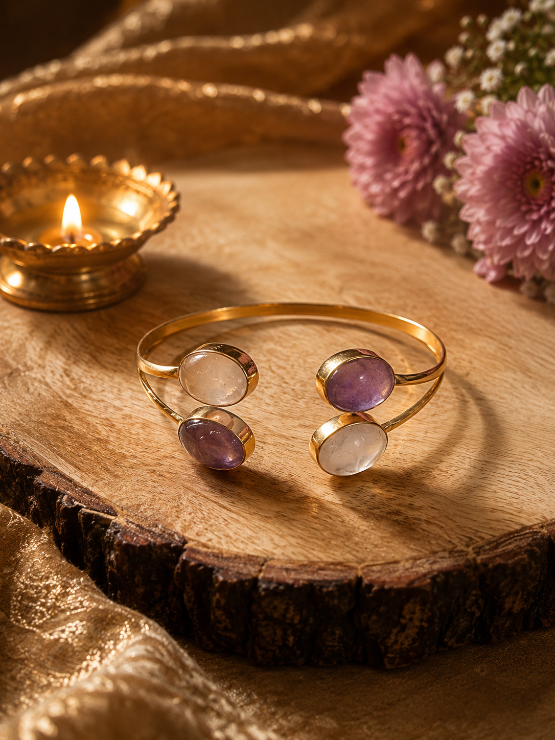 Mohnī — Rose Quartz & Amethyst Dual Stone Cuff Bracelet | 18K Gold Plated | House of AAKAASHI House of AAKAASHI
