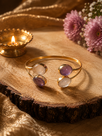 Mohnī — Rose Quartz & Amethyst Dual Stone Cuff Bracelet | 18K Gold Plated | House of AAKAASHI House of AAKAASHI