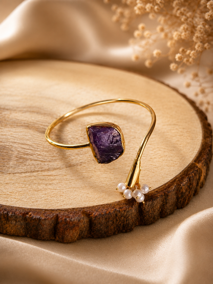 Celestial Bloom Pearl & Amethyst Open Cuff Bracelet | 18K Gold Plated Adjustable Bracelet for Women - House of AAKAASHI