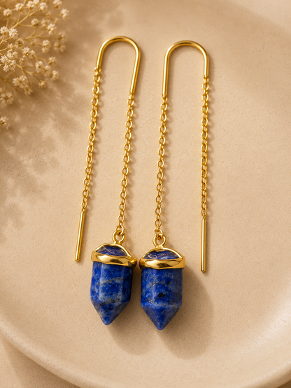 Royal Lapis Lazuli Sui Dhaga earrings featuring natural faceted Lapis Lazuli crystal point pendants in an 18K gold plated brass threader design by House of AAKAASHI