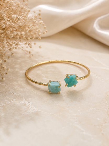 Ocean Mist Amazonite Raw Stone Cuff Bracelet | 18K Gold Plated Adjustable Bracelet for Women House of AAKAASHI