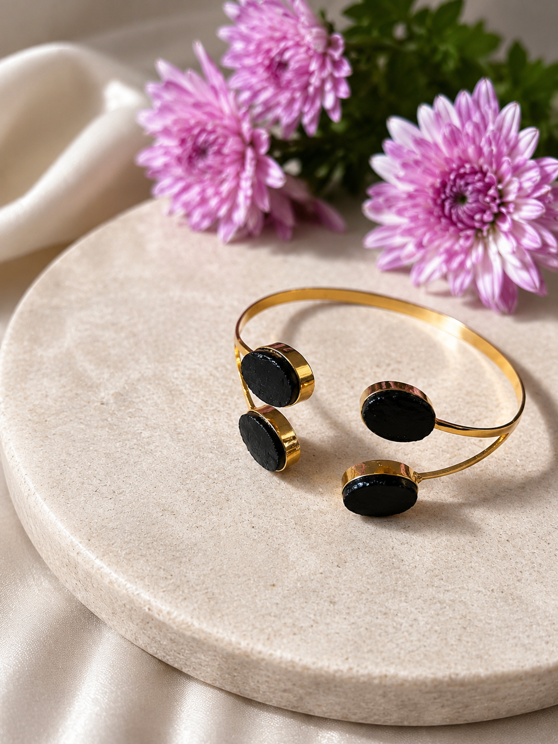 Kavach Black Tourmaline Four Stone Cuff Bracelet | 18K Gold Plated | House of AAKAASHI House of AAKAASHI
