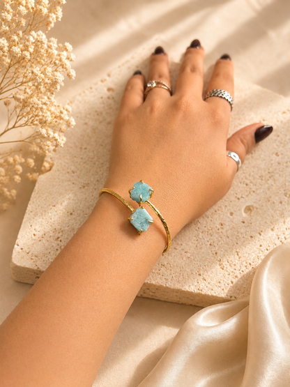 Ocean Mist Amazonite Raw Stone Cuff Bracelet | 18K Gold Plated Adjustable Bracelet for Women House of AAKAASHI