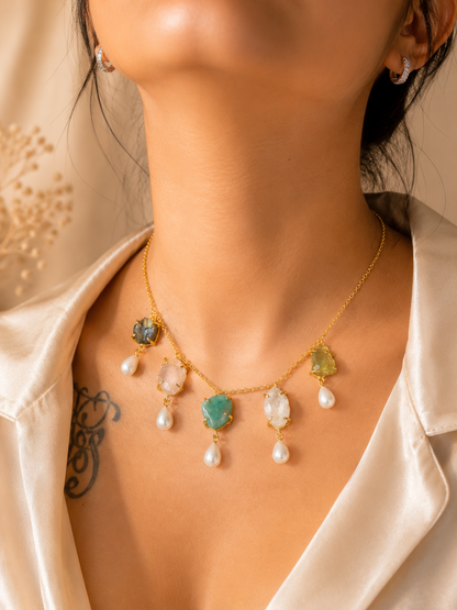 Aurora Pearl Multi Crystal Necklace | Amazonite, Moonstone, Rose Quartz, Citrine & Labradorite Necklace for Women House of AAKAASHI